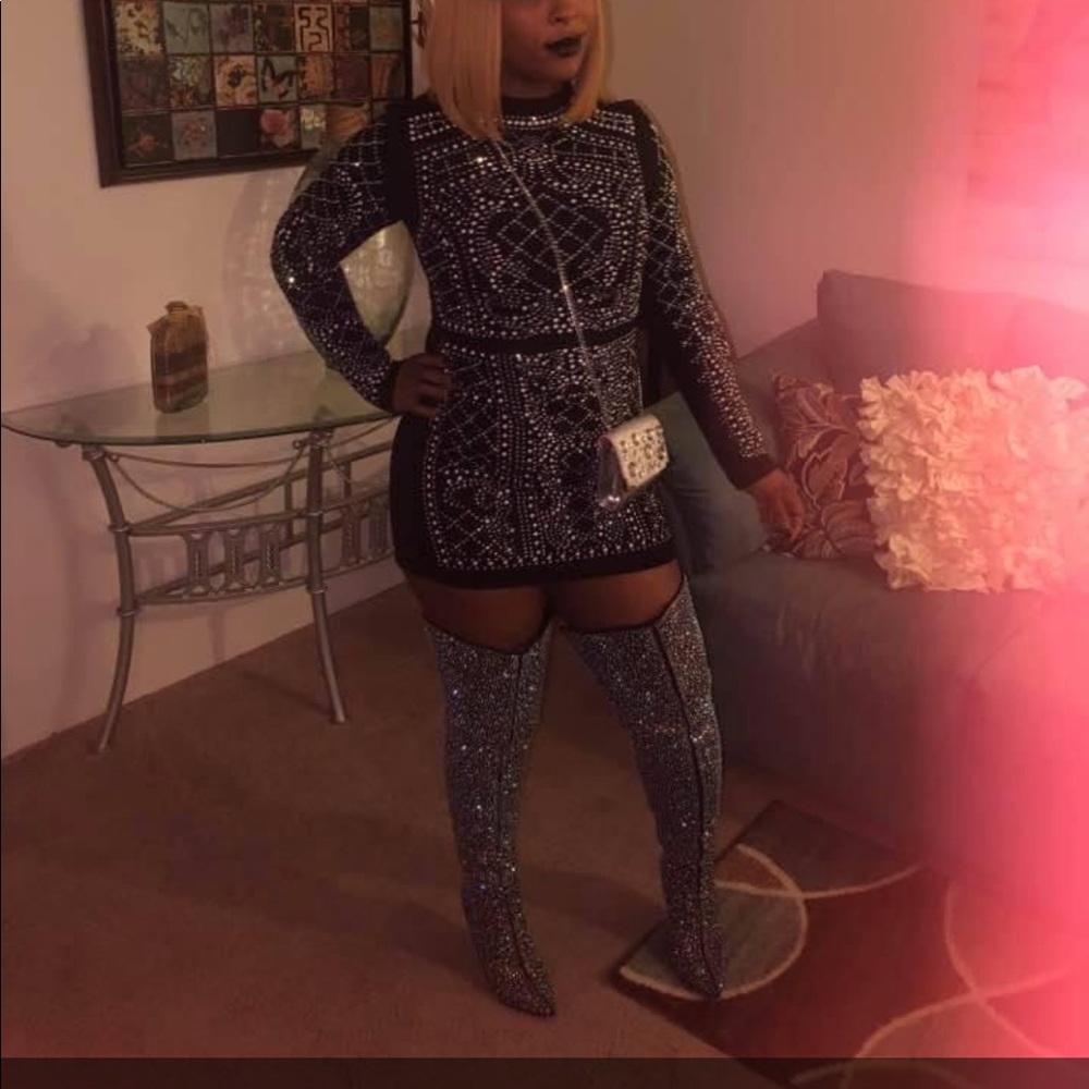 Iridescent black studded mini dress